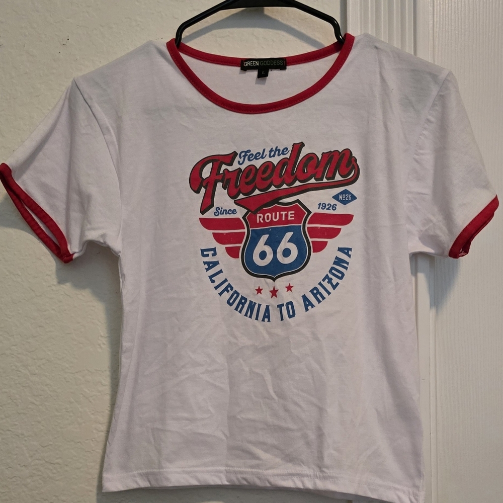 Girls Green Goddess White and Red Retro Route 66 Tee, Large